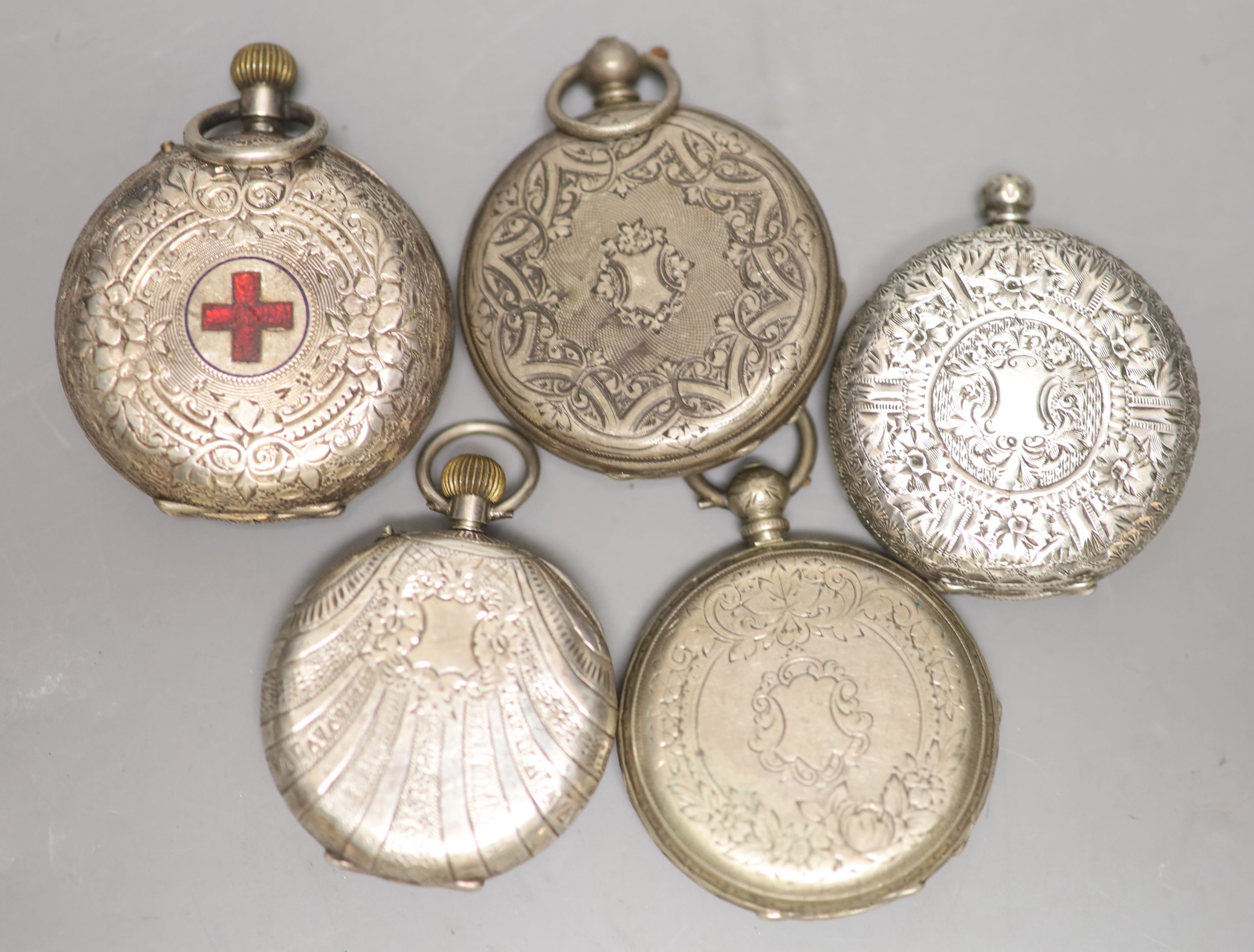 Five assorted continental white metal fob watches(a.f.).